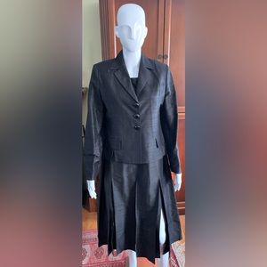 Shiny black silk long pleated dress with slits and short blazer 2 Pc suit US 12